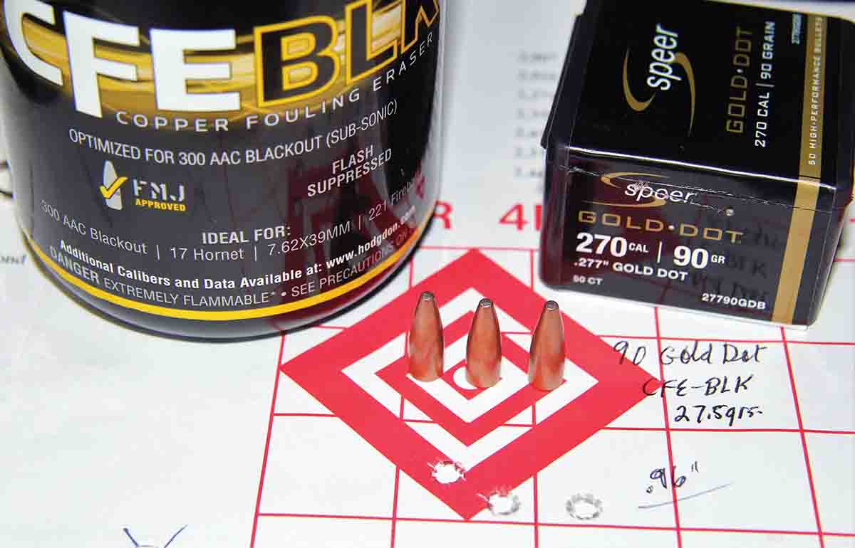 The tough 90-grain Speer Gold Dot performed best when seated over 27.5 grains of Hodgdon CFE BLK, printing a .97-inch group sent at 2,620 fps. This is a load Patrick would trust on tough wild hogs.